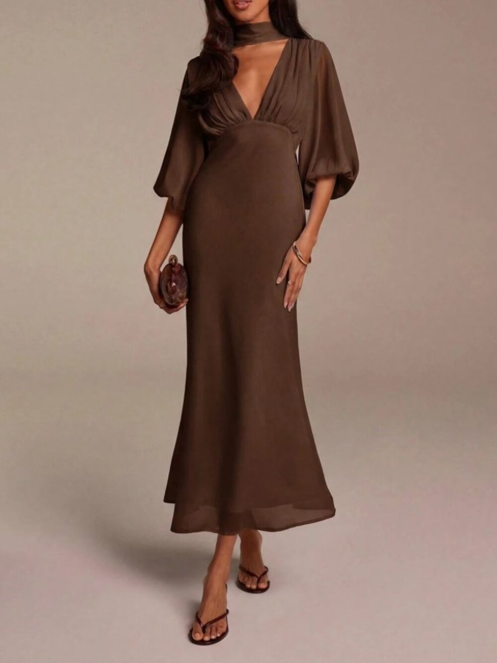 Chocolate Brown Cutout Halter Maxi Dress with Balloon Sleeves